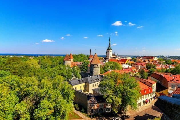 Una vista dall'alto di una città storica con torri in pietra, edifici dai tetti rossi e alberi verdi lussureggianti, con il mare visibile in lontananza.