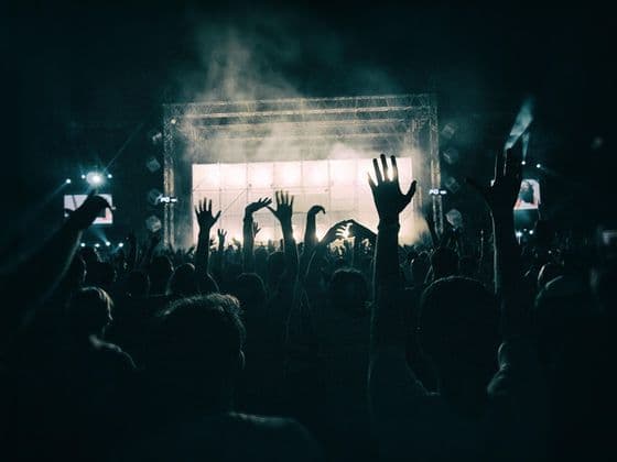 Una folla di persone in silhouette con le mani alzate davanti a un palco illuminato a giorno durante un concerto notturno.