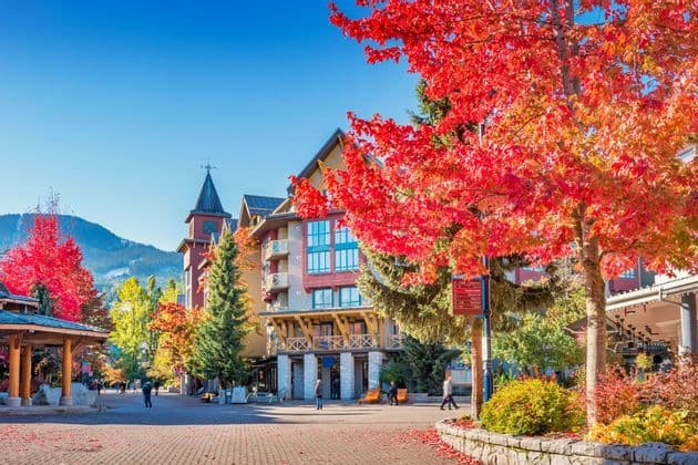 A sunlit pedestrian plaza in a mountain village with colorful autumn trees and a mountain in the background.