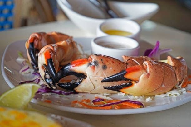 A close-up of two large stone crab claws served on a white plate with dipping sauces and a lime wedge.