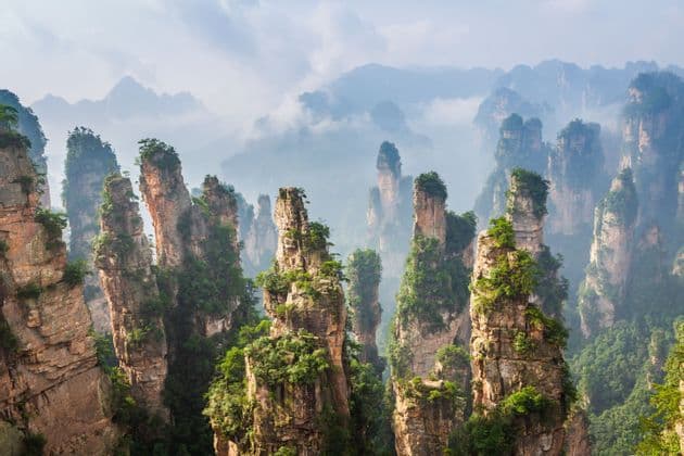 Un paisaje de altos pilares de arenisca cubiertos de árboles, con niebla tejiéndose entre ellos en un vasto valle.