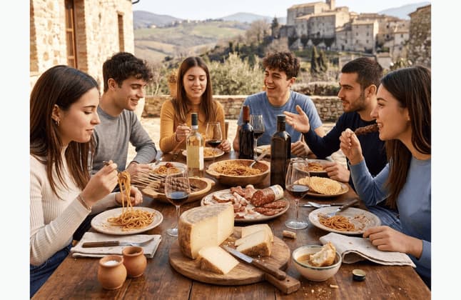 Un gruppo WeRoad in viaggio, gustando pasta, formaggio e vino a un tavolo di legno all'aperto, con un borgo collinare sullo sfondo.