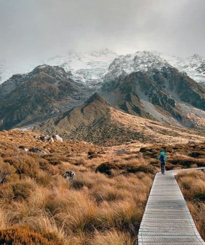 A person with a backpack walks on a wooden boardwalk through a grassy valley towards snow-capped mountains.