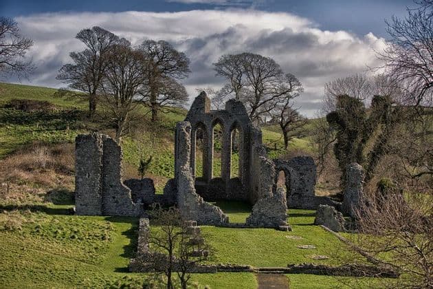 Le rovine in pietra di un'abbazia con finestre ad arco si ergono su una dolce collina verde punteggiata da alberi spogli sotto un cielo nuvoloso.