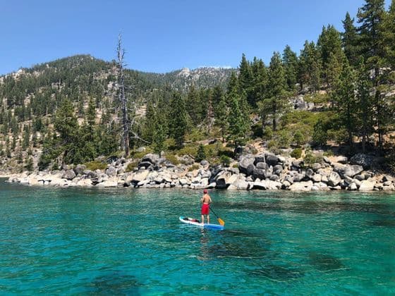A person in red shorts stand-up paddleboards on clear turquoise water near a rocky, pine-forested shoreline.