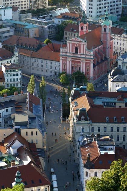 Luftaufnahme einer historischen europäischen Stadt mit großer rosa Kirche und Menschen auf einer Brücke im Sonnenlicht.