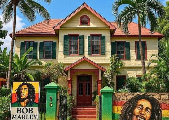 El exterior del Museo Bob Marley, una casa amarilla con persianas verdes, rodeada de palmeras, con un cartel y un mural con su retrato.