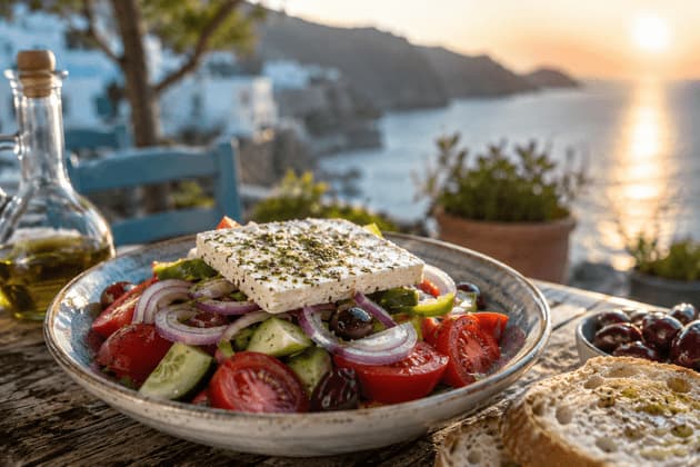 Insalata greca con feta su tavolo di legno affacciato sul mare al tramonto.