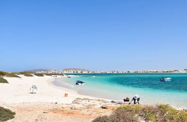 Una persona con un sombrero blanco haciendo una barbacoa en una playa de arena blanca junto a agua turquesa, con un pueblo visible al otro lado de la bahía.