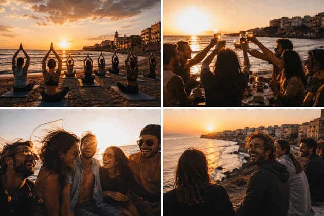 Un collage di quattro foto che mostrano un viaggio di gruppo WeRoad mentre si divertono con attività come lo yoga in spiaggia e brindano al tramonto in riva al mare.