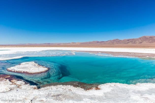 A pool of clear turquoise water surrounded by white salt flats, with distant mountains under a blue sky.