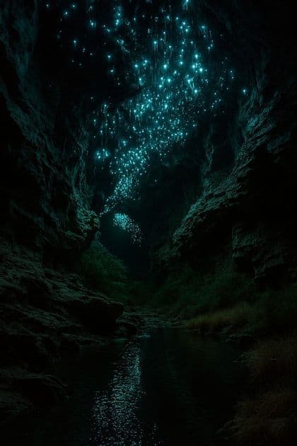 Lucioli bioluminescenti illuminano il soffitto di una grotta buia, la loro luce si riflette sull'acqua sottostante.