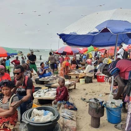 Un vivace mercato del pesce su una spiaggia sabbiosa, con molte persone riunite sotto ombrelloni colorati vicino al mare.