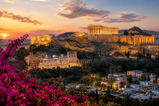 Antiche rovine su una grande collina rocciosa sono illuminate dal sole al tramonto, con una città sottostante e fiori rosa in primo piano.