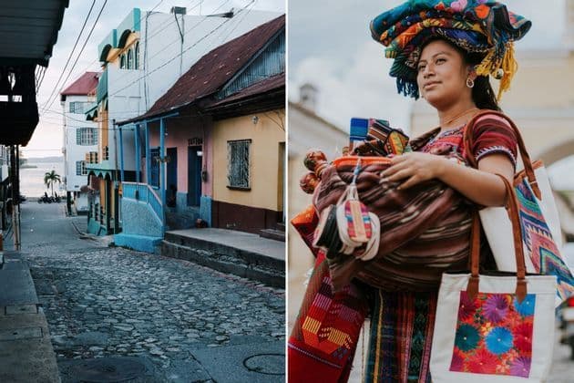 Ein Diptychon, das links eine farbenfrohe Kopfsteinpflasterstraße und rechts eine Frau in traditioneller Kleidung zeigt, die Textilien trägt.