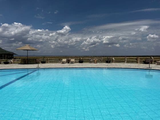 Une piscine bleue avec des chaises longues sur une terrasse donne sur une plaine herbeuse sous un ciel partiellement nuageux.