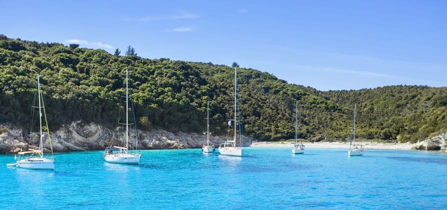 Diverse barche a vela bianche galleggiano su acque calme e turchesi in una baia, con una collina verde lussureggiante sullo sfondo.