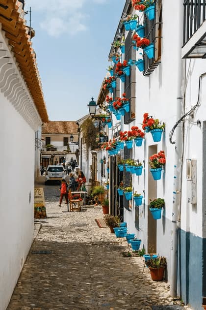 Una estrecha calle empedrada bordeada de edificios encalados decorados con coloridas macetas de flores colgando en las paredes.