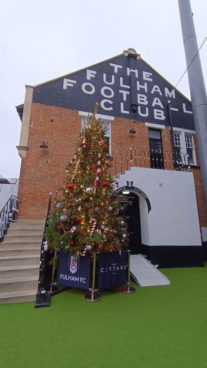 Un alto albero di Natale decorato con luci e palline si trova accanto a scale esterne davanti a un edificio in mattoni.