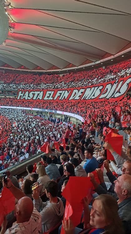 Gli spettatori in uno stadio affollato sollevano cartellini rossi ed espongono un grande striscione con la scritta Hasta el fin de mis dias.