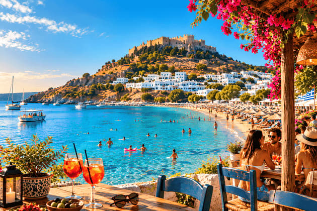 Le persone siedono sulla terrazza di un ristorante all'aperto che domina una spiaggia affollata, un mare turchese e una fortezza sulla collina.