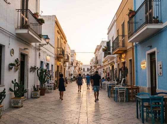 Persone che camminano lungo un vicolo pedonale lastricato, fiancheggiato da edifici colorati, balconi, piante in vaso e ristoranti all'aperto.