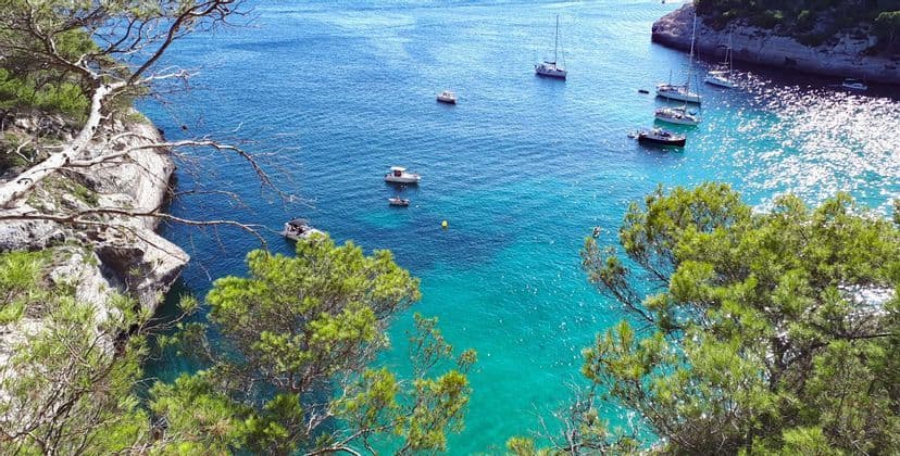 Una veduta dall'alto di una cala turchese con diverse barche a vela e imbarcazioni ancorate, incorniciata da pini verdi.
