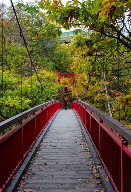 Una persona con uno zaino cammina attraverso un ponte sospeso rosso circondata da una fitta foresta con fogliame autunnale.