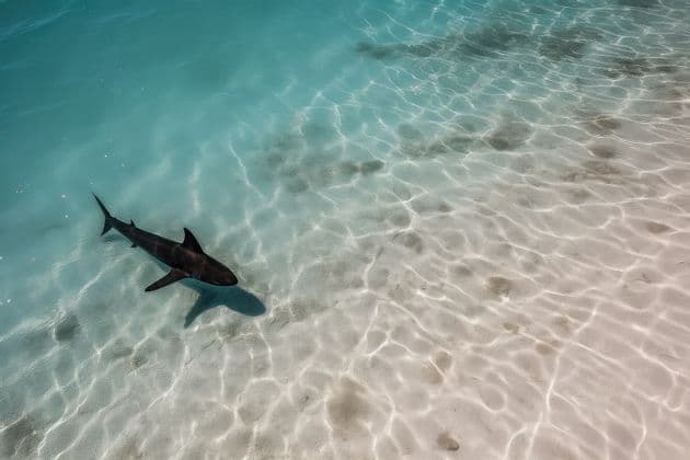 Ein Hai schwimmt in seichtem türkisfarbenem Wasser über einem sandigen Meeresboden, wobei Sonnenlicht Muster auf dem Sand erzeugt.