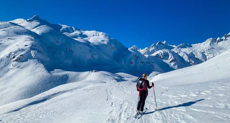 Una donna con uno zaino sugli sci osserva una vasta catena montuosa innevata sotto un cielo azzurro chiaro.