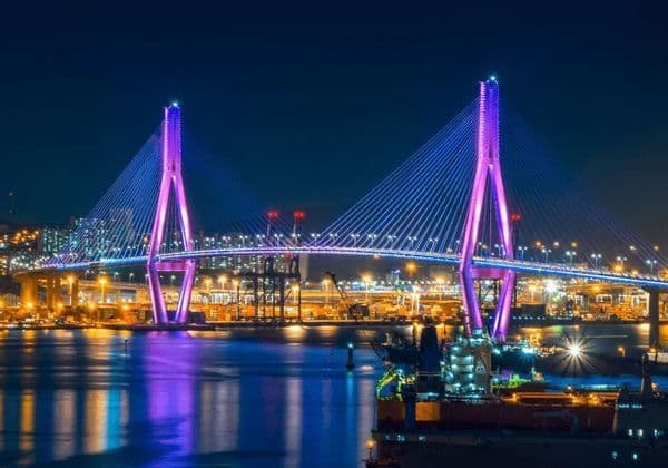 Un ponte strallato illuminato con luci viola e blu, che si riflette sull'acqua di fronte a un porto cittadino di notte.