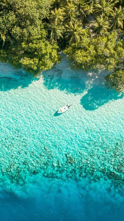 Vista aerea di una piccola barca che galleggia in acque basse turchesi accanto a una spiaggia tropicale con alberi verdi.