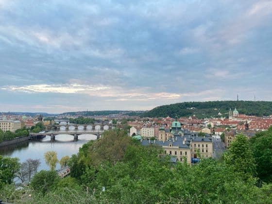 Una vista elevada de un paisaje urbano europeo con un río ancho, múltiples puentes de piedra y una colina boscosa bajo un cielo nublado.