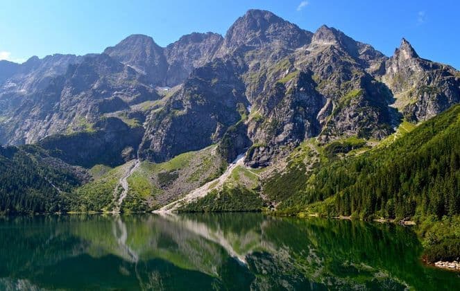 Eine felsige, von grünen Flecken bedeckte Bergkette spiegelt sich in einem ruhigen, dunkelgrünen See unter einem klaren blauen Himmel wider.