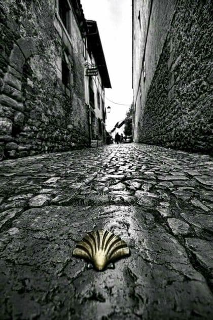 Fotografía en blanco y negro, en contrapicado, de una concha de vieira dorada incrustada en una calle adoquinada en un callejón estrecho.