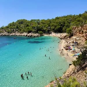 Una vista dall'alto di una cala con una spiaggia sabbiosa, dove le persone nuotano nelle acque limpide e turchesi sotto un cielo azzurro brillante.
