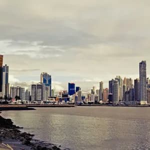 Skyline moderno di città con numerosi grattacieli, visto da una costa rocciosa oltre l'acqua sotto un cielo nuvoloso.