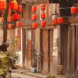 Lanterne rosse pendono su un vicolo stretto con edifici tradizionali in legno, mentre una persona anziana siede accanto a piante in vaso.
