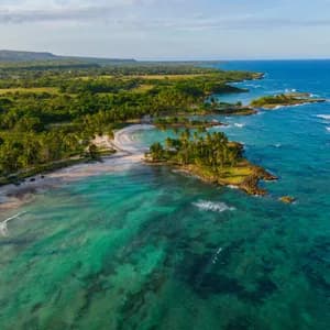 Aerial view of a secluded tropical beach with white sand, turquoise water, and a coastline lined with palm trees.