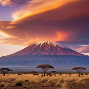 Une montagne enneigée domine une savane parsemée d'acacias, sous un ciel spectaculaire de nuages oranges et violets au coucher du soleil.
