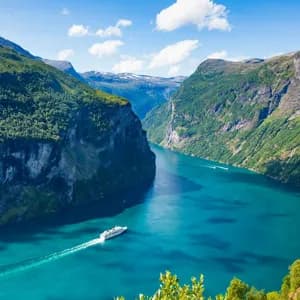 Luftaufnahme eines weißen Kreuzfahrtschiffs, das durch einen türkisfarbenen Fjord fährt, umgeben von steilen, grünen Bergen unter blauem Himmel.