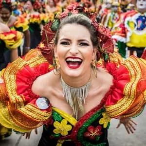 Una donna con un vivace costume rosso e giallo e maniche a balze sorride ampiamente durante una sfilata di carnevale.