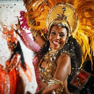 Una mujer sonriente con un traje de carnaval dorado y de plumas baila mientras cae confeti a su alrededor.