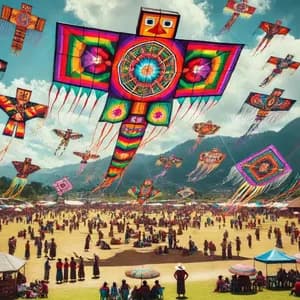 Un cielo gremito di aquiloni grandi, colorati e dal design elaborato, che volano sopra una folla festante in un prato verde con le montagne sullo sfondo.