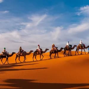 A WeRoad group trip rides a line of camels over orange desert sand dunes under a partly cloudy sky.