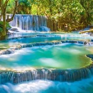 Ein mehrstufiger Wasserfall mit türkisfarbenem Wasser stürzt über Kalksteinbecken in einem üppigen, grünen Wald.