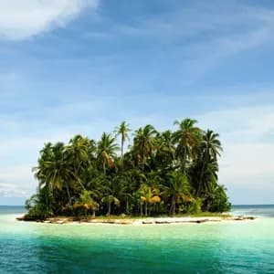 Eine kleine tropische Insel, bedeckt mit Palmen, liegt in klarem, türkisfarbenem Wasser unter einem blauen Himmel mit leichten Wolken.