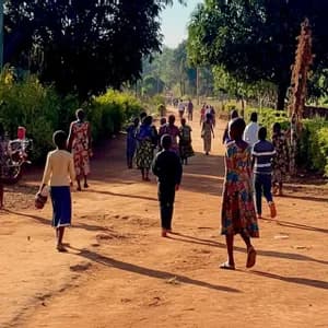 Un gruppo di adulti e bambini si allontana dalla fotocamera su un ampio sentiero sterrato, fiancheggiato da una vegetazione lussureggiante e alberi.