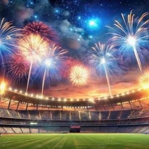 Colorful fireworks exploding in a starry night sky over a crowded and brightly lit sports stadium.
