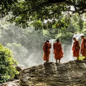 Cuatro monjes con túnicas naranjas se encuentran sobre una gran roca, enmarcada por árboles, contemplando una cascada en un exuberante bosque.